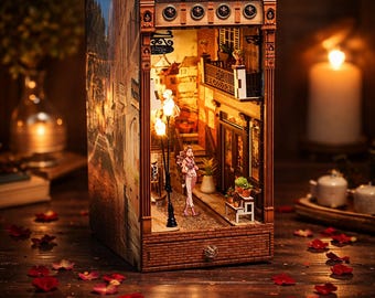 Paris Night Street Book Nook with LED – Paris Alley Miniature Diorama, Romantic City Shelf Insert, Vintage Bookshelf Decor Gift