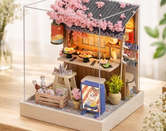 Sakura Noodles Shop Miniature Diorama with LED – Japanese Cherry Blossom Decor, Cute Desk Display with Dome, Asia Food Shop Gift