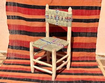 Handcrafted Laurel Wood Chair with Palm Leaf Cord with a Boucherouite – Boho Chic Moroccan Furniture