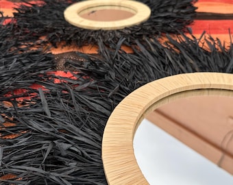 Set of Handmade black Raffia Sunburst Mirrors – Moroccan Boho Wall Decor | Natural Fiber Woven Mirrors | Artisan Wall Hanging Set