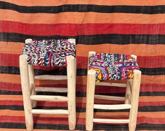 Handcrafted Moroccan Boucherouite Stool – Wooden Footstool with Colorful Woven Seat – Boho Artisan Decor