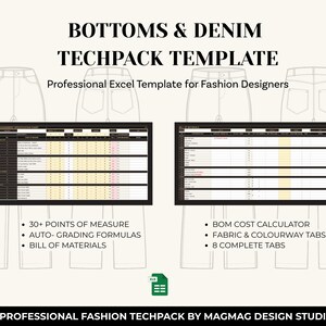 Denim & Bottoms Tech Pack Template | Fashion Designer Excel Spreadsheet | Grading, BOM, Construction | Instant Download