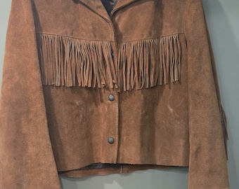 Vintage 90s Lariat Leather Fringe Jacket Tan Cropped Western Suede Boho
