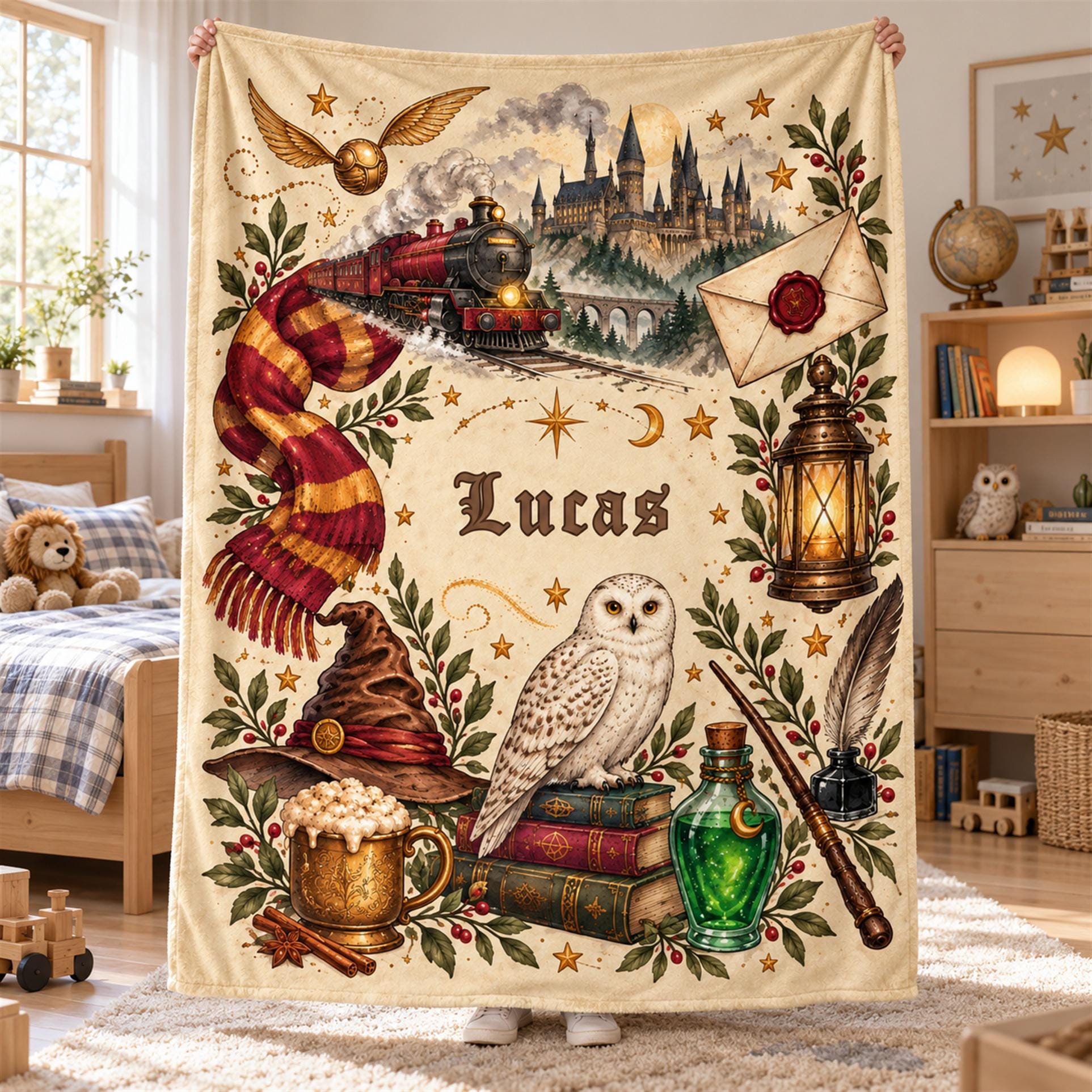 Personalized Wizard Owl Hedwig Blanket,Custom Name with Owl Book Castle Train and Potion,Flannel Thr