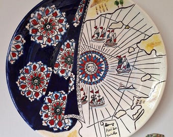 Handgjord turkisk keramisk tallrik Piri Reis karta design väggdekor Iznik-stil ottomansk konst dekorativ tallrik gåva