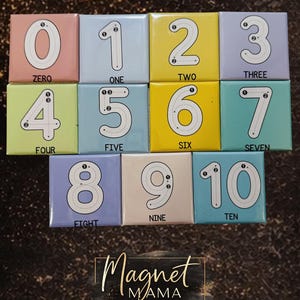 May include: A set of ten colorful square magnets, each displaying a number from zero to ten. The numbers are white, with dotted lines for tracing, set against pastel backgrounds. The "Magnet Mama" logo is at the bottom.