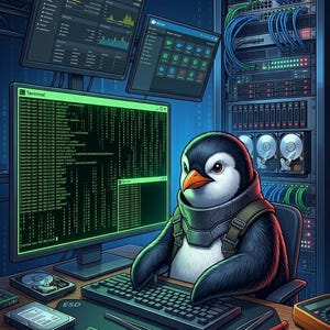 Könnte beinhalten: Ein Cartoon-Pinguin mit Tech-Harness sitzt an einem Schreibtisch und tippt auf einer Tastatur. Mehrere Computermonitore zeigen Code und Daten an. Computerhardware und Werkzeuge umgeben den Schreibtisch, mit einem Server-Rack im Hintergrund.