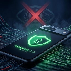 Può includere: Uno smartphone con un'icona di scudo verde brillante e una barra di caricamento sullo schermo, che simboleggia la sicurezza. Lo sfondo presenta motivi di onde digitali e un occhio rosso sbarrato, suggerendo privacy e protezione dei dati.
