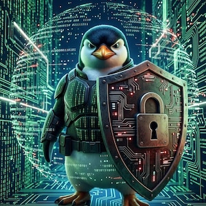 Könnte beinhalten: Eine digitale Illustration eines Pinguins, der eine Rüstung trägt und einen Schild mit einem Vorhängeschloss hält. Der Pinguin steht vor einem Hintergrund aus Binärcode und Leiterplattendesigns, mit einem futuristischen, technischen Thema.