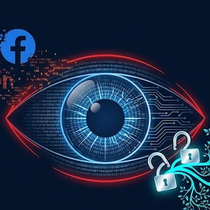 Könnte beinhalten: Digitale Illustration eines stilisierten Auges mit Binärcode und Logos von Google, Facebook und Amazon. Geöffnete Vorhängeschlösser und Vögel symbolisieren Freiheit, vor dunklem Hintergrund.