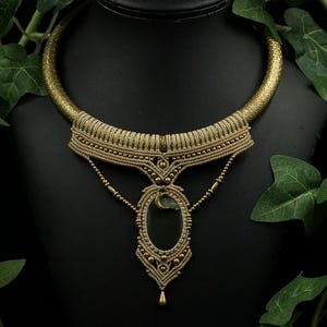 Macrame torque necklace with serpentine cord, moon pendant, boho jewelry, handmade fantasy necklace