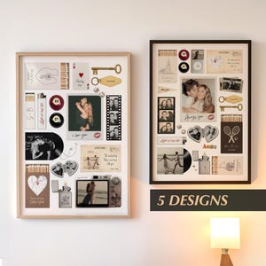 Puede incluir: Dos marcos de pared rectangulares con collages de fotos personales, postales vintage, cajas de cerillas, bolas de billar, llaves, tiras de película y encendedores. La obra muestra varias imágenes románticas y el texto 5 DESIGNS.