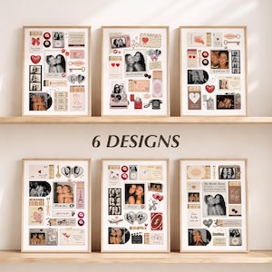 Puede incluir: Seis collages de fotos enmarcados con varios diseños, con fotos en blanco y negro, corazones, llaves y otros elementos decorativos. El texto "6 DESIGNS" se muestra debajo de los marcos.
