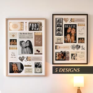 May include: Two framed wall art prints featuring collage designs with photographs of two people, matchboxes, cameras, and text including The Bestie Times, Besties Forever, and Bestie. The layouts incorporate various graphic elements like cherries and hearts.