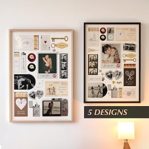 May include: Two framed collages with romantic themes. One has a light wood frame, the other a black frame. Each collage includes photos, postcards, keys, and other memorabilia. The text "I love you" and "Always you" are visible.