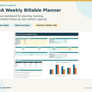 May include: A digital BCBA Weekly Billable Planner dashboard featuring sections for planning, tracking, and documentation. The spreadsheet includes a Weekly Billable Command Center, capacity snapshot, daily workload table, and a bar chart for billable hours.