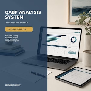 May include: A digital QABF Analysis System displayed on a laptop and tablet screen, featuring charts, graphs, and data tables. The text reads QABF ANALYSIS SYSTEM, Score. Compare. Visualize., EDITABLE EXCEL FILE, and BEHAVIOR FOUNDRY.
