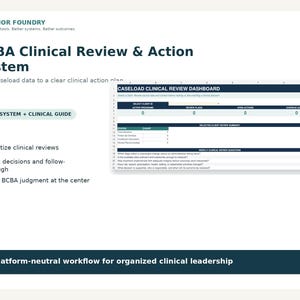 May include: The BCBA Clinical Review & Action System is a digital tool featuring a Caseload Clinical Review Dashboard spreadsheet. It includes sections for active programs, review plans, open actions, and overdue actions, alongside a clinical guide.