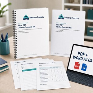 May include: Two white spiral-bound and softcover manuals titled New RBT 30-Day Success Kit by Behavior Foundry, accompanied by loose-leaf printed templates including a Daily Observation Template and RBT Self-Check Competency Tracker, and a tablet displaying PDF + WORD FILES text.