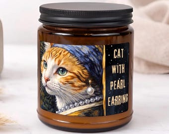 Cat with a Pearl Earring Candle, Parody Dutch Cat Art, Orange Cat Owners gift, free card