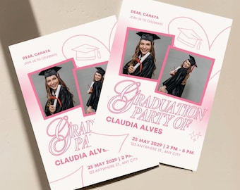 Invitación de graduación con rayas rosas, invitación de graduación con foto, diseño de Canva (descarga digital)