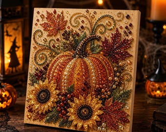 May include: A square wall art piece featuring a diamond painting design of a central orange pumpkin surrounded by two yellow sunflowers, red and green autumn leaves, and swirling vine accents, all embellished with sparkling faceted beads.