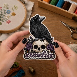 Embroidered Crow Skull Name Patch, Custom Name Patch For Halloween , Halloween Embroidered Patch, Embroidered Name Patch