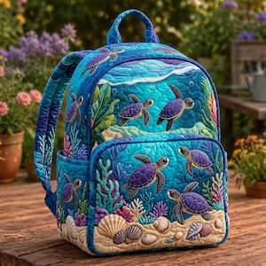 May include: A quilted backpack featuring a vibrant underwater scene with multiple purple sea turtles swimming among colourful coral, seaweed, and seashells on a sandy ocean floor. The design uses shades of blue and teal to depict the water.