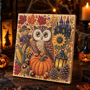 May include: A square diamond painting featuring a central owl perched on a large orange pumpkin, surrounded by autumn leaves, a scarecrow, a sunflower, a dark castle, a lantern, pinecones, and acorns, all rendered with colorful faceted beads.