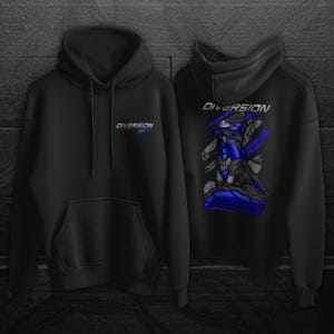 May include: Black hoodie with the word "DIVERSION" printed in white and blue on the front and back. The back of the hoodie features a blue and gray graphic design. The hoodie has a hood and a front pocket.