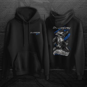 May include: Black hoodie with the word "DIVERSION" in blue and white on the front and back. The back features a graphic of a futuristic raccoon in shades of gray and blue. The hoodie has a hood and a front pocket.
