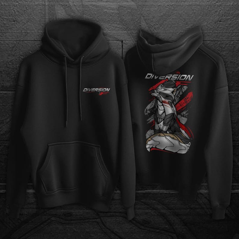 May include: Two black hoodies with the word "DIVERSION" in red and white. One hoodie has the text on the front. The other hoodie has a graphic of a robot raccoon with red accents on the back. Both hoodies have a hood and a front pocket.