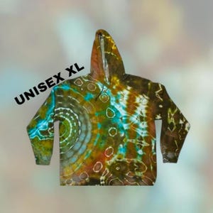 May include: A tie-dye hoodie in XL size. The hoodie features a spiral pattern in shades of blue, green, brown, and white. The text "UNISEX XL" is printed on the upper left side of the hoodie.