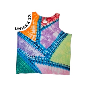 May include: A tie-dye tank top in a unisex 3X size. The sleeveless shirt features a vibrant pattern of orange, red, blue, purple, green, and pink. The shirt has a tag attached. The words "UNISEX 3X" are printed on the top left.