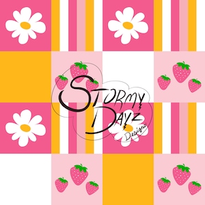 Truskawkowe stokrotki w kratkę - bezszwowy, powtarzający się wzór, cyfrowy plik tkaniny, papier do scrapbookingu do druku