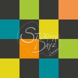 May include: A square grid pattern featuring alternating blocks of dark grey, lime green, orange, teal, and yellow. Overlaid in the centre is a white outlined graphic containing the handwritten-style text Stormy Dayz Designs.