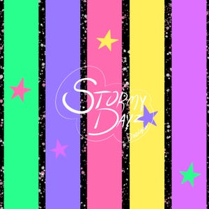 May include: A colorful digital design featuring vertical stripes in green, purple, pink, and yellow, separated by black lines with white speckles. Pink, yellow, and green stars are scattered across the design. The text "Stormy Dayz Designs" is in a white cloud-shaped outline.