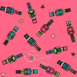 May include: A repeating pattern on a bright pink background featuring illustrated nutcracker figures in various orientations, interspersed with small stars. The nutcrackers wear colorful uniforms with polka dots, lightning bolts, and stars. Text reads Stormy Dayz.