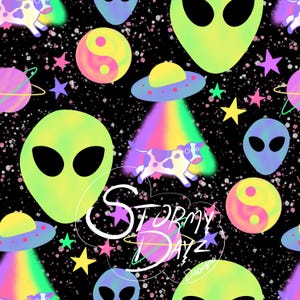 May include: A repeating pattern on a black background featuring neon green aliens, planets, stars, and a cow being abducted by a UFO. The design includes the text "Stormy Dayz" in a white, stylized font.