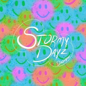 May include: A colorful, abstract design featuring a repeating pattern of smiley faces in various colors, including pink, blue, green, and orange. The text "Stormy Dayz Designs" is overlaid in white.