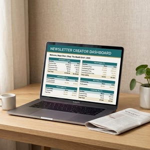 Könnte beinhalten: Ein silberner Laptop, der ein Newsletter Creator Dashboard mit Finanzdatentabellen anzeigt, einschließlich Abschnitten für Revenue & Fees, Profitability und Reachability, mit dem Text Welcome, Maya Chen | Shop: The Wealth Brief | 2025.