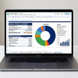 May include: A MacBook Pro laptop showing a financial summary spreadsheet with a donut chart and bar graph. The spreadsheet details annual financial data, including income, expenses, and net profit. A notebook and pen are on the table.