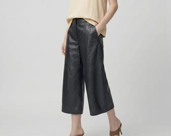 Women Leather Culottes, Handmade High Waisted Wide Leg Pants, Black Cropped Trousers, Custom Made Formal Bottoms for Office, Gift for Her