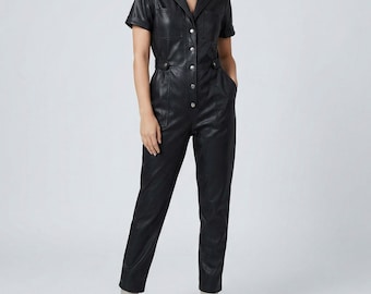 Combinaison en cuir noir, survêtement en cuir à manches courtes, barboteuse utilitaire avant-gardiste avec poches, body style moto décontracté pour femme, cadeau lui