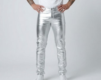 Calças unissex em couro metálico prateado | Calças skinny genuínas | Calças justas estilo motoqueiro com detalhes refletivos para festas | Calças de grife de luxo