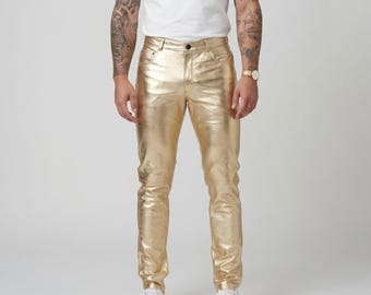 Metallic gouden leren broek, uniseks lamsleren broek, slim fit designer leren broek, glanzend goud feestoutfit cadeau, flitsende luxe broek
