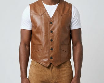 Herrväst i läder | Slim fit brun western bikerväst | Äkta fårskinnstopp | Cognacbrun hantverksväst | Handgjord V-ringad bodywarmer