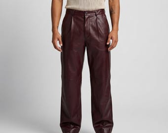 Unisex Burgundy Leather Wide Leg Trousers, Pleated High Rise Real Leather Pants, Relaxed Fit Designer Streetwear, Luxury bottom Gift for Men