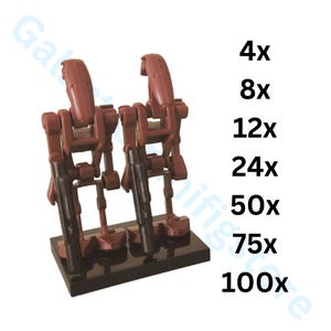 May include: Two brown and black toy robot figures standing on a black base. The figures are posed with their weapons. The image includes text indicating quantities: 4x, 8x, 12x, 24x, 50x, 75x, and 100x.