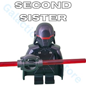 May include: A black Second Sister action figure holding a red lightsaber. The figure wears a helmet with a red stripe and a black cape. The text "SECOND SISTER" is above the figure.